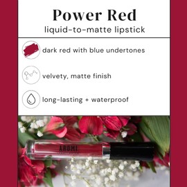 Aromi Matte Liquid Lipstick | Long-Lasting, Dark Red, Maroon Lip Color with Blue Undertones, Smudge Proof, Waterproof, Vegan Makeup (Power Red)