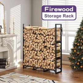 Wieghda 3.7FT Firewood Log Rack Outdoor Indoor Log Holder Fireplace Heavy Duty Wood Holder Stacker Patio Pit Storage Steel Tubular Pile Rack Tool Accessories Black