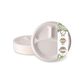 BIOZOYG Disposable Plates, Pack of 50, 3 Chambers, Diameter 22 cm, White, Round, Dinner Plates, Sugarcane Plates with Dividers, Snack Plates with Compartments, Divided Party Tableware