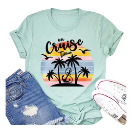 On Cruise Time T-Shirt Women Coconut Tree Graphic Tees Summer Vacation Shirt Beach Praty Tops Family Cruise Shirts (L, Green)