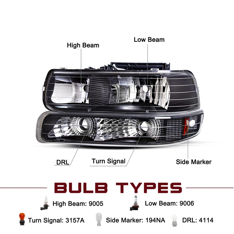 JSBOYAT 4pcs Headlight Assembly Fit for 1999-2002 Chevy Silverado 1500