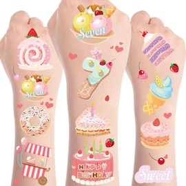 8 Sheets Sweet Sassy and Seven Birthday Decorations 200+ Sweet Donut Temporary Tattoos Ice Cream Doughnut Stickers Happy 7th Birthday Theme Temporary Tattoos Party Favors Supplies Prizes Rewards