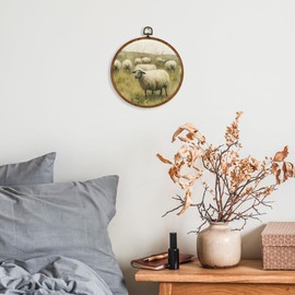 KSDUT Spring Easter Wall Decor Art - Retro Vintage Sheep Landspace Wall Art Canvas Frame Hanging Prints, Easter Gifts for Women Christian Round Wall Art Decor for Farmhouse Home Decorations 10"x10"