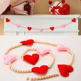 Valentine's Day Garland, 3D Felt Valentine Heart Banner with Wooden Beads for Valentine's Day Decor Valentine Hanging Bunting Garland for Valentine's Day Home Mantel Wall Decor