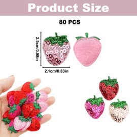 80PCS Strawberry Padded Sequins Patches, Pink Glue On Embroidered Appliques, Fruit Glitter Sew on Patches, Mini Embroidery Appliques for Clothes T-Shirts Jeans Hats Bags DIY Sewing Craft Decoration