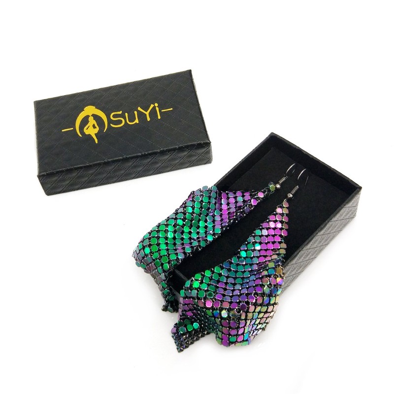 Suyi Trendy Women Earrings Metal Mesh Grid Sequins Tassel Long