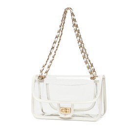 LAM GALLERY Womens PVC Clear Purse Handbag with Chain Stadium Approved Clear Bag See Through Bag for Working and Concert (White Gold Large)