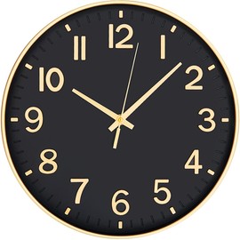 HZDHCLH Wall Clock 12 Inch Silent Non Ticking Clock for Living Room Bedroom Kitchen Office (Black-gold)