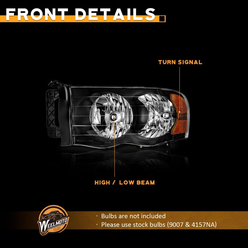 WEELMOTO Headlight for 02-05 Dodge Ram 1500 Pickup Headlamp for