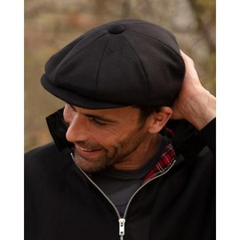 WALKER AND HAWKES - Men's Melton Wool Waterproof 8-Panel Bridgemoor Baker Boy Cap - Black - Small (57cm)