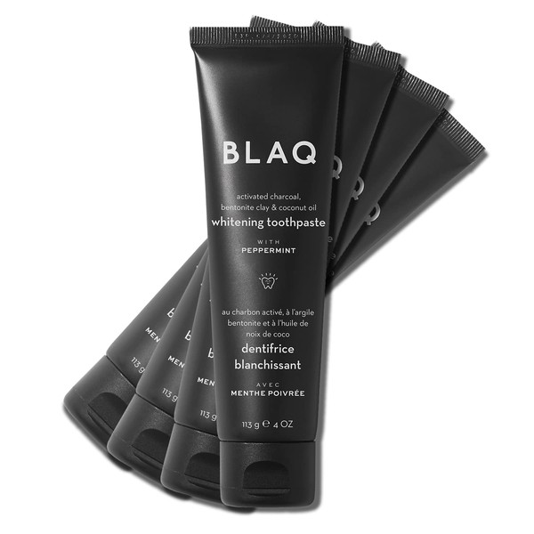 BLAQ Activated Charcoal Teeth Whitening Toothpaste | Vegan Organic SLS Free Toothpaste with Coconut Oil and Bentonite Clay | Charcoal Toothpaste for Whitening Teeth, Removing Stains - 4 x 4 OZ/113g