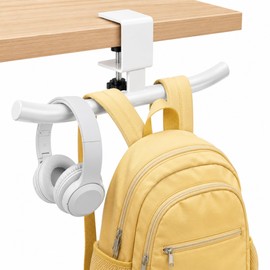 Bag Hook for Desk Table Heavy-Duty Backpack Hanger Clamp On Purse Holder Adjustable Under Desk Bag Hook for Headphones Handbag Hanger for Classroom Dorm Back to School (White)