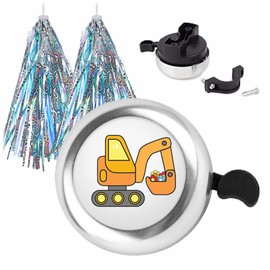 Orange Excavators Bike Bell with Bike Streamers Bike Tassel Cartoon Vehicles Bicycle Bell Bike Accessories for Kids Boys Girls White
