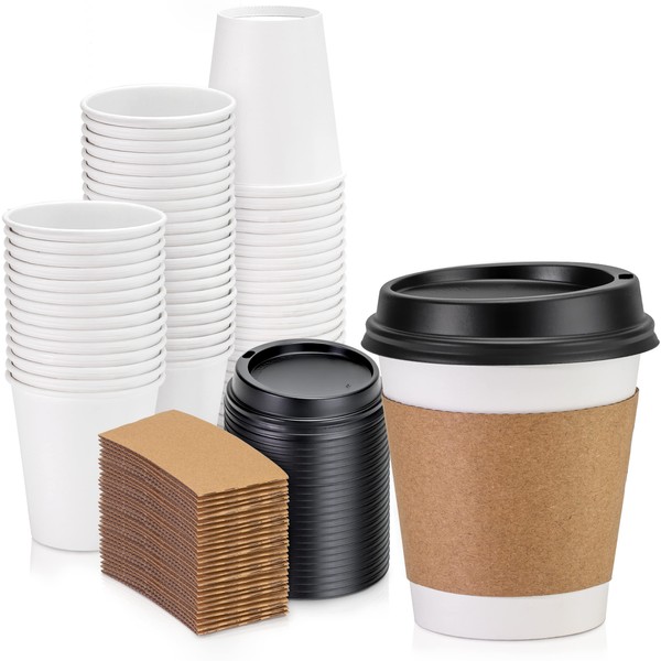 Hot Beverage Disposable White Paper Coffee Cup with Black Dome Lid and Kraft Sleeve Combo, Extra Small 500 Count (Pack of 1) 10 oz