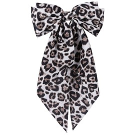 White Leopard Long Tail Bow Hair Ties, Classy Women Girl Hair Styling Accessories, 90s Vintage Big Satin French Style Headdress Decor, Gift Hair Bows Spring Clip for Mom Girl Stuff