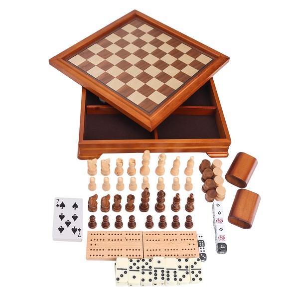 GSE Wooden 7-in-1 Board Game Set - Chess, Checkers, Backgammon,