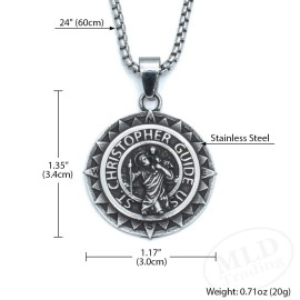 Saint St Christopher Medal Silver Stainless Steel Compass Style Pendant Necklace