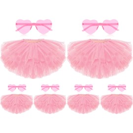 12 Pcs Tutu Skirt and Heart Shaped Sunglasses Tulle Ballet 5 Layered Tutus for Women 80s Party Dance Costume(Pink)