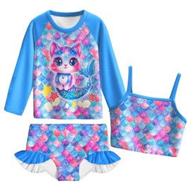 LQSZ Girls 3 Piece Long Sleeve Swimsuit Rash Guard Sets Butterflies UPF 50+ Cover Up Skirts Kids Bathing Suit Beach Cute Swimwear
