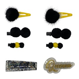 various sizes, clip and elastic buckles. There are 8 pieces in the package. yellow black series.