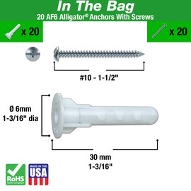 TOGGLER Alligator AF6 Flanged Anchor with Screws, Polypropylene, Made in US, for #6 to #12 Fastener Sizes (20)