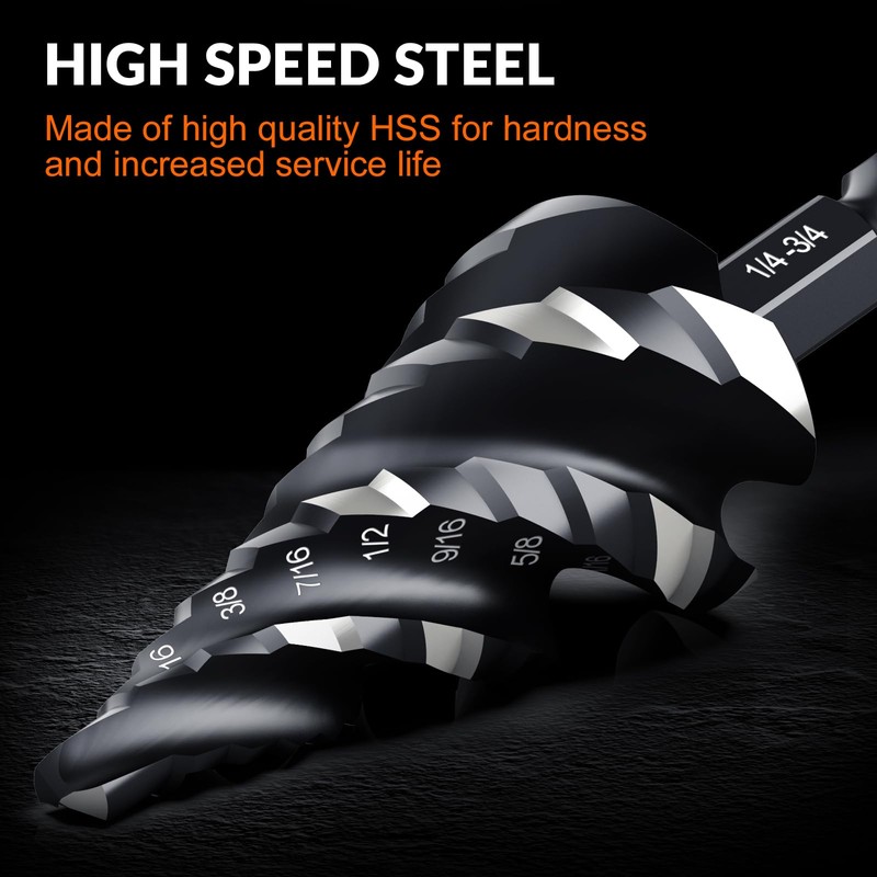 THINKWORK Four Spiral Flute Step Drill Bit Set, 3 Pcs