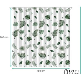 Loti Living Anti-Mould Shower Curtain - 180 x 200 cm - Waterproof Leaves Polyester - Includes Rings - Shower Curtains - Shower Curtain Anti Mould - Shower Curtain Bath - Shower Curtain Plants