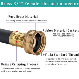 ZY-hosetube 25FT Dehumidifier Drain Hose with 3/4” FHT Brass Rustproof Connector, Versatile Drain Hose Perfectly Compatible with most Dehumidifiers and 3/4” external thread outlet (Black, 25FT)