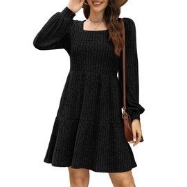 SAMPEEL Long Sleeve Dress for Women Fall Fashion Square Neck Casual Shitf Swing Dresses Black S