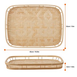 Geytetqi 4 Pack Rectangular Bamboo Wicker Woven Tray with Handle, Bamboo Wicker Serving Trays for Eating, Kitchen, Table, Party