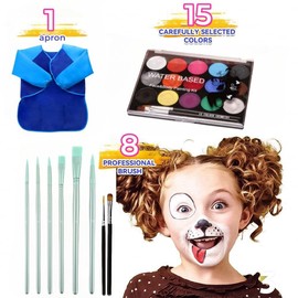 Children's Make-Up Set, 15 Colours Face Paints, Children's Make-Up, Carnival Make-Up, Body Painting Colours with 7 Brushes and Blue Apron for Christmas, Carnival, Easter