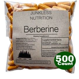 Extracto de berberina clorhidrato 100 % puro, 500 mg, colesterol saludable , antiinflamatorio - 100% Pure Berberine Junkless Nutrition - HCL Extract 500mg, Healthy Cholesterol, Anti-inflammatory