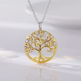 Miaofu Tree of Life Necklace, 18K White Gold Plated Tree of Life Chain, Women's 925 Sterling Silver Tree of Life Family Pendant with 5A Zirconia, Fine Jewellery for Men and Women, Copper, Cubic
