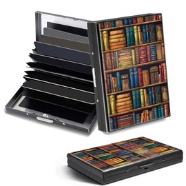 DHYYDSQZ Credit Card Holder, Library Bookshelf Design Mini RFID Blocking Aluminum Wallet Slim Metal Hard Case Shell Travel Wallet ID Case Small Credit Cards Case Business Cards for Women Men Girls