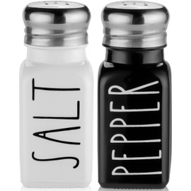 Salt and Pepper Shakers Set by Brighter Barns - Cute Modern Farmhouse Kitchen Decor for Home Restaurants Wedding - Gorgeous Vintage Glass Black White Shaker Sets with Stainless Steel Lids