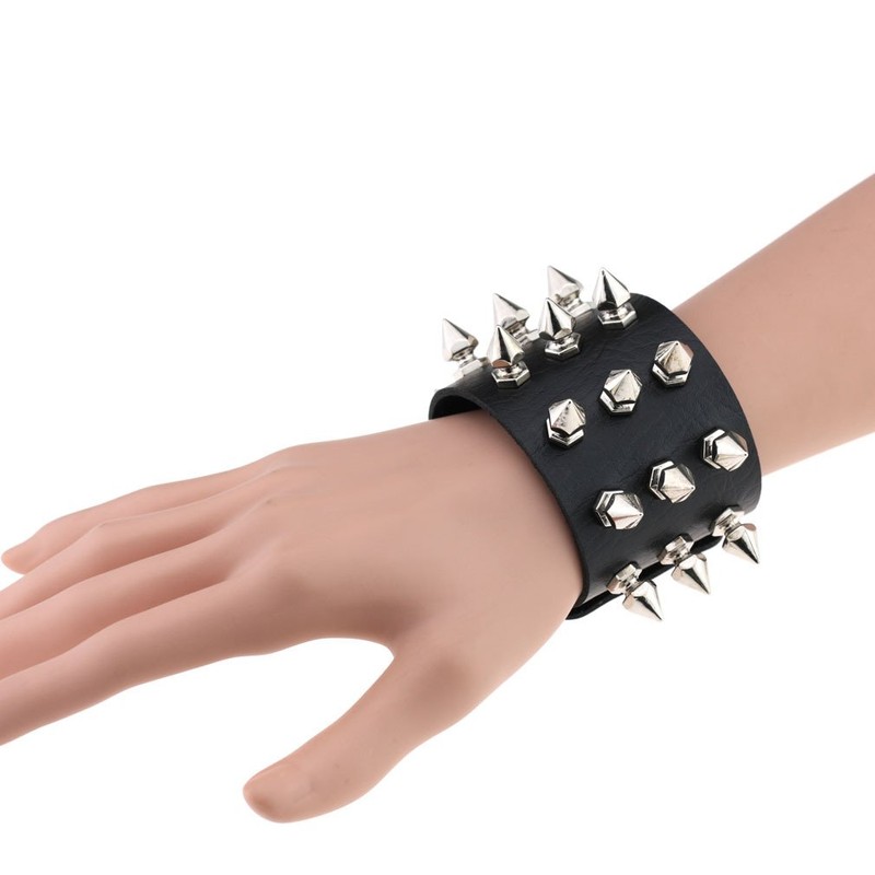FM FM42 Black PU Simulated Leather Silvert-tone Spikes Rivets Adjustable