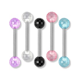 PiercedOff Multipack of 5 Straight Barbells with Acrylic Faceted Disco Balls - Thickness 14GA (1.6mm) / Length 16mm / Ball Size 6mm