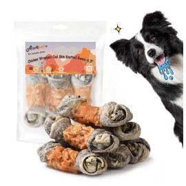 ASMPET Chicken Wrapped Cod Fish Skin Knotted Bones 6.5" Each, Rawhide Free Chewy Dog Treats Rich in Omega3 High Protein All Natural Ingredient Fish Treats for Medium Large Dogs (5 pcs)