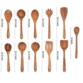 BOKALAKA Wooden Spoons for Cooking,11 Pcs Wooden Kitchen Utensils Set Wooden Utensils ...