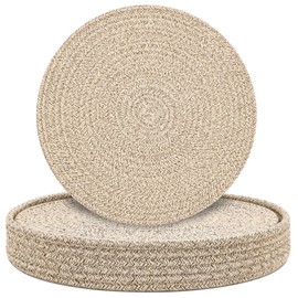 Round Placemats Set of 6 with Holder, Cotton Rope Woven Place Mats, Hot Pads for Kitchen, Heat Resistant Table Mats, 13 Inch Farmhouse Washable Braided Placemat for Kitchen Decor (Brown)