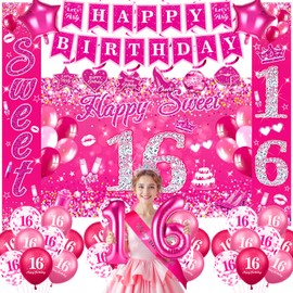 Sweet 16 Birthday Decorations for Girls Pink 16th Birthday Banner Hanging Swirls Sweet 16 Porch Banner Happy Birthday Backdrop Balloons Sash for Hot Pink Sweet Sixteen Birthday Party Supplies