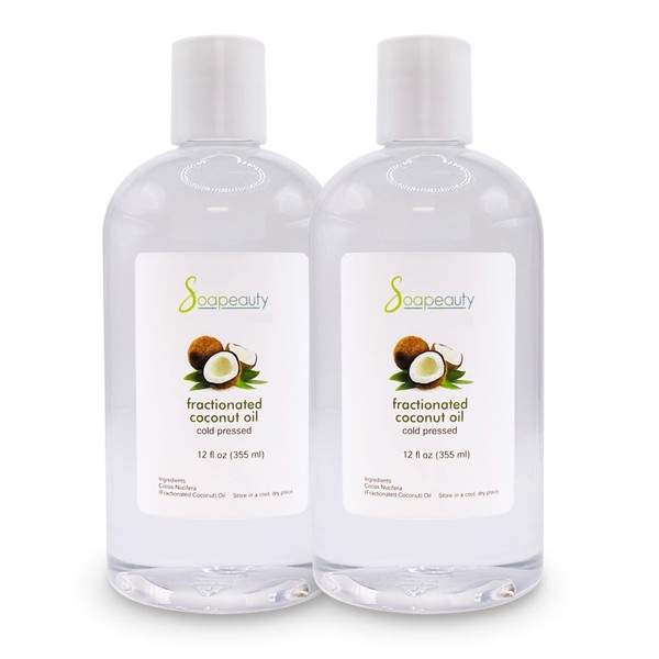 Soapeauty FRACTIONATED COCONUT OIL Cold Pressed Refined | 100% Natural Available in Bulk | Carrier for Essential Oils, Face, Skin, Hair Moisturizer, Soap Making | 24 fl oz (Pack of 2 x 12 fl oz)