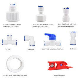 1/4" OD recto rápido a 3/4" / 1/2" / 1/4" hembra conectar a presión para conectar tubo de agua, 9 piezas + tubo blanco de agua RO de 1/4", 20 m (64 pies)