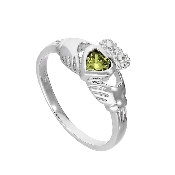 Sterling Silver & Peridot CZ Crystal August Birthstone Claddagh Ring