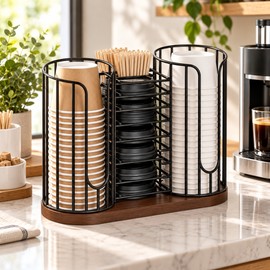 3 Compartment Coffee Cup Organizer with Lid and Straw Holder, Black Iron Countertop Disposable Cup Dispenser Rack for Home and Office