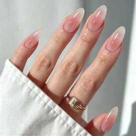 Uñas Postizas con Punta Francesa, Uñas Press on para Manos, Cortas y Puntiagudas en Forma de Almendra con Acabado UV, Kit de Uñas Semitransparentes de