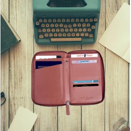 ALLEN & MATE Passport Holder Travel Wallet, Leather Travel Folio RFID Blocking Travel Document Organiser for Women Men (Tan with Zip)