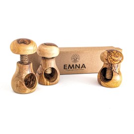EMNA – Olivenholz Geschenk 3er-Set Nussknacker, Geschenkidee aus edlem Oliven Holz, Handgefertigt in Pilzform (ca. 10 cm) mit Schraubgewinde, Sicher, langlebig, dekorativ, Weihnachten, Geschenk-Box