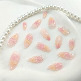 Flower Press on Nails Almond Medium Fake Nails with 3d Flower Designs Cute Acrylic Glue on Nails Press ons Glossy Full Cover Stick on Nails for Women 24 Pcs