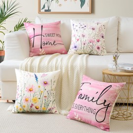 JOTOM Waterproof Cushion Covers 45x45 cm Flowers Butterfly Spring Outdoor Decorative Throw Pillow Covers 18x18 Inch Square Cushion Case for Sofa Couch Patio Garden Porch Bench Set of 4 (Pink)
